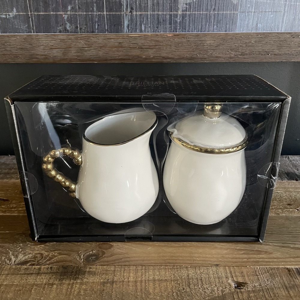 NWT BRILLIANT PORCELAIN Creamer and Sugar w/ Lid White Gold Modern Set in Box